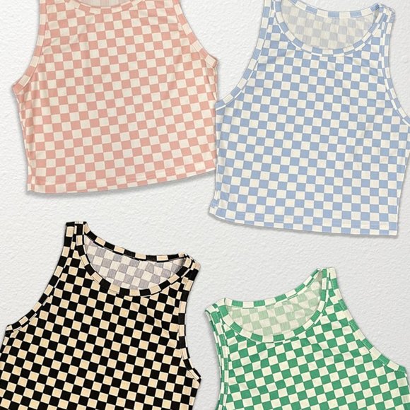 Miss Sparkling NEW Cropped Checkered Printed Rib Knit Tank in Black - Picture 6 of 6